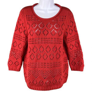 Talbots Womens Lp Red Pointelle Open Knit Sweater 3/4 Sleeve Lattice Diamond Top